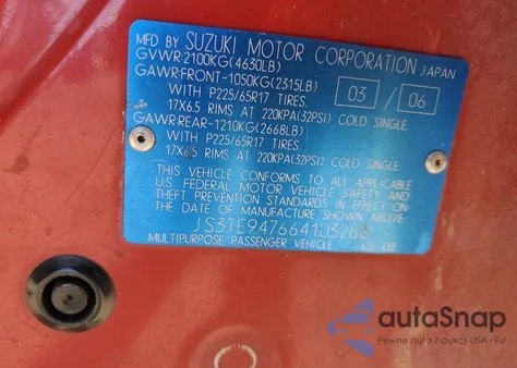 2006 Suzuki Grand Vitara Luxury z USA, uszkodzony, nr VIN JS3TE947664103288